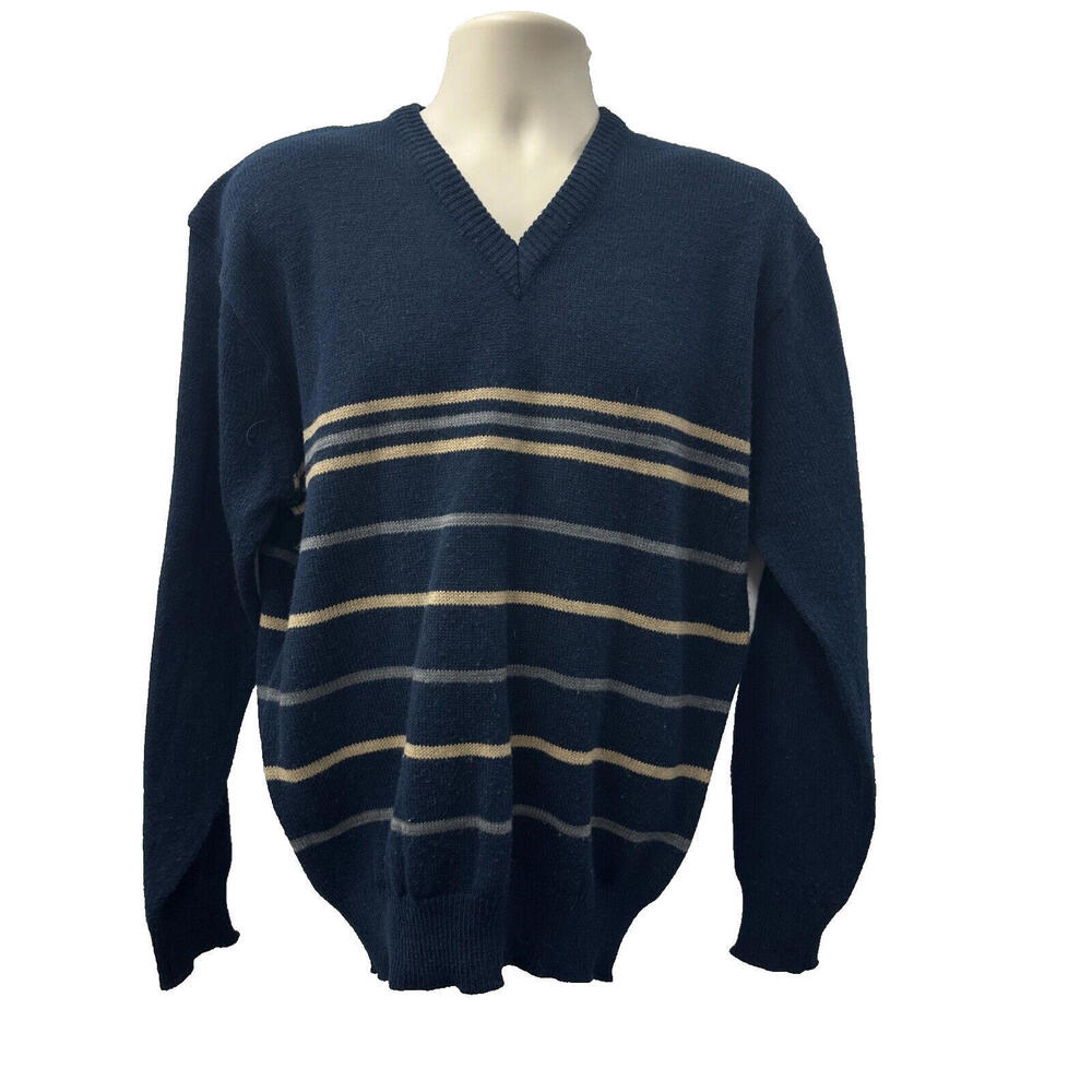 Vintage Sears Men's Store Sweater Fits Large Blue Stripes Grandpa Acrylic V-Neck